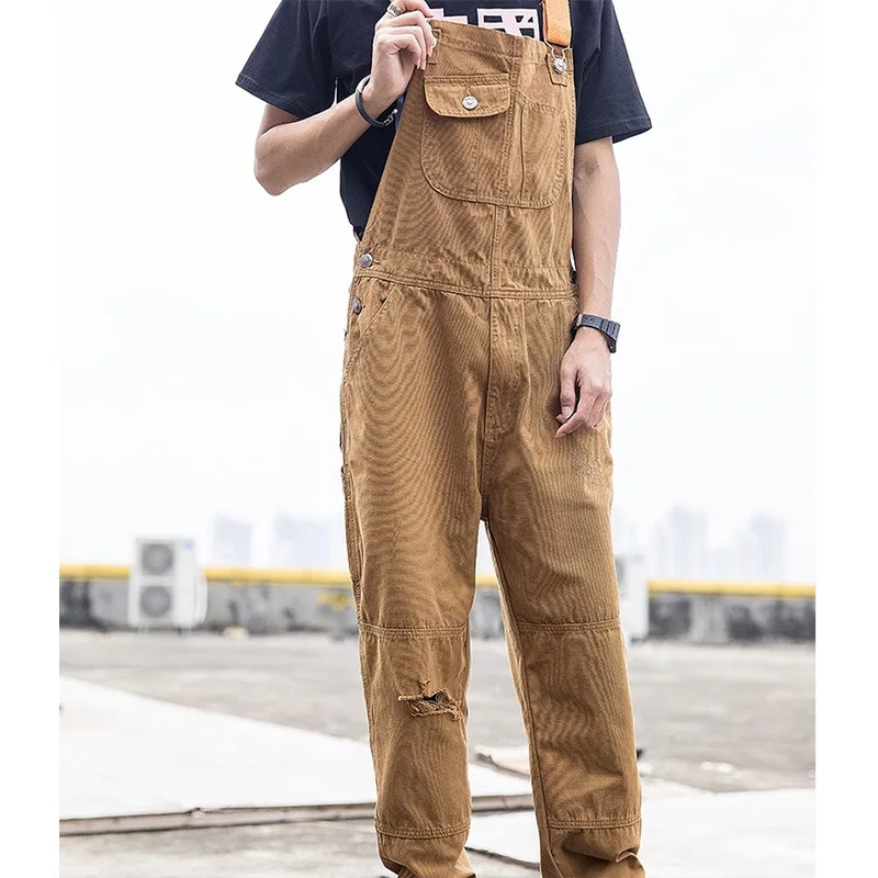 Men's Jeans Jumpsuit Denim Bib Pants Couple Hole Loose Straight One-piece Wide Leg Overalls Suspenders Rompers Ripped Jeans