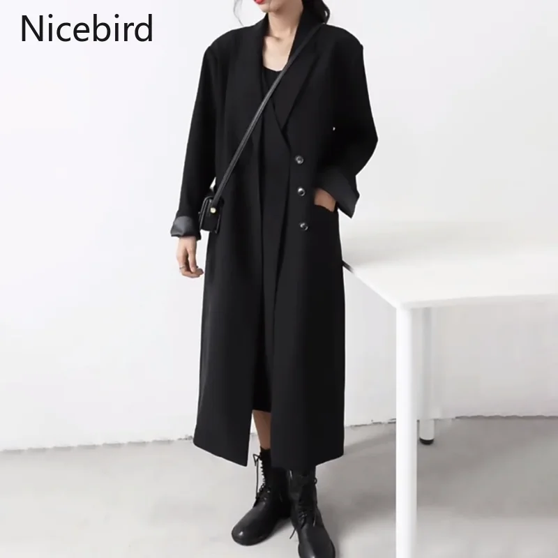 Nicebird Suits Trench Coat Women Double Breasted Elegant Heavy Long Windbreaker Blazer Winter Office Lady Warm Maxi Outerwear