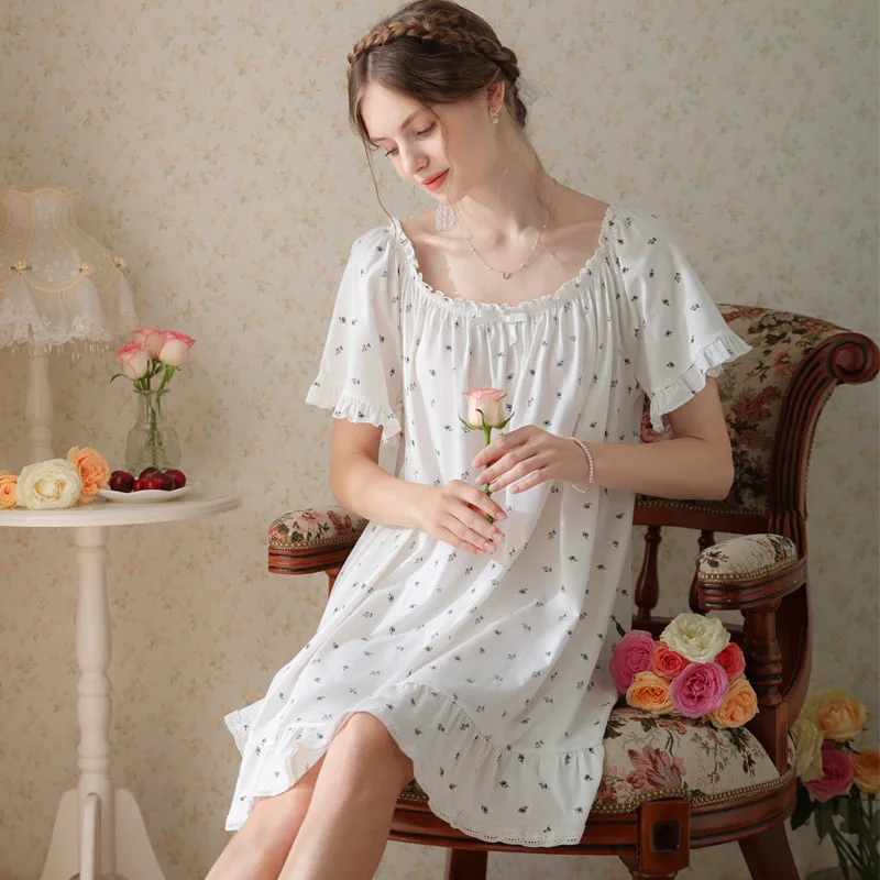 Palace Nightgown Women Summer Short Sleeves Cute Sweet Princess Style Sexy Short Skirt Cotton Pajamas New Floral Home Clothes