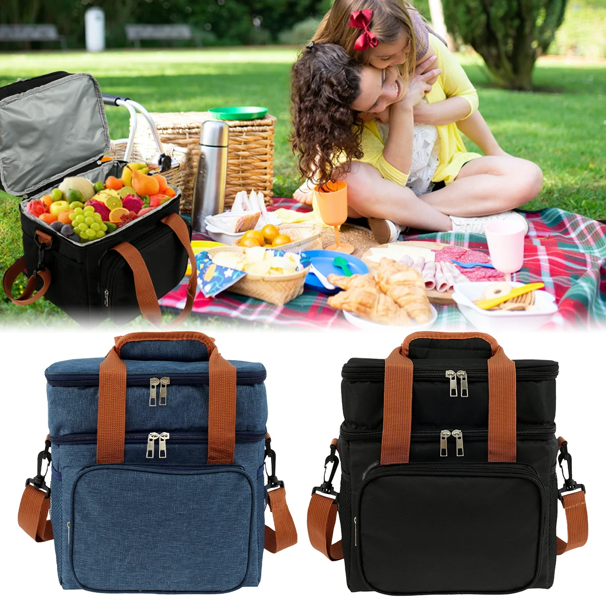

Insulated Lunch Bag Double Layer Large Capacity Food Cooler Bag Leak-Proof Thermal Lunch Shoulder Bag Multi-functional Lunch Bag