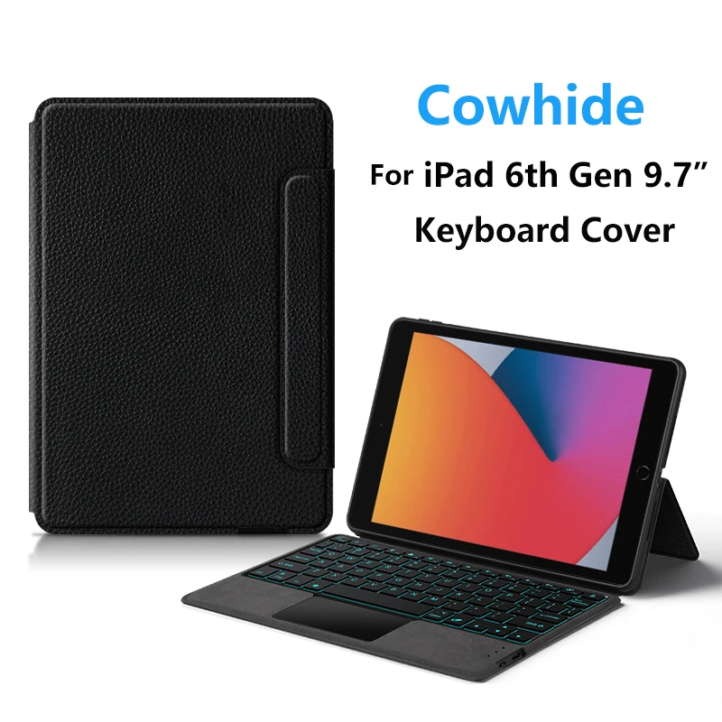 

Cowhide Backlit Bluetooth Keyboard Case For iPad 6th Generation 9.7" A1893 A1954 2018 Tablet Genuine Leather Keyboard Cover Case