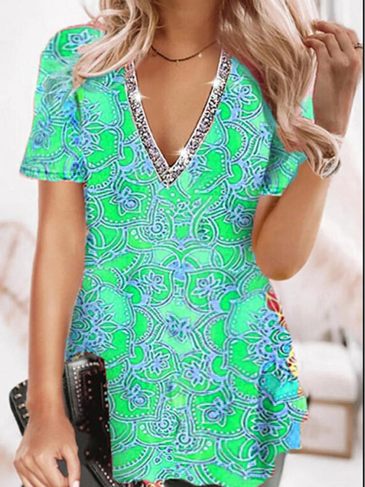 

Elegant Printed Pullover Short Sleeve Women Summer New Casual Deep V-Neck Loose T-Shirt Street 2022 Office Chic Beach T-Shirt