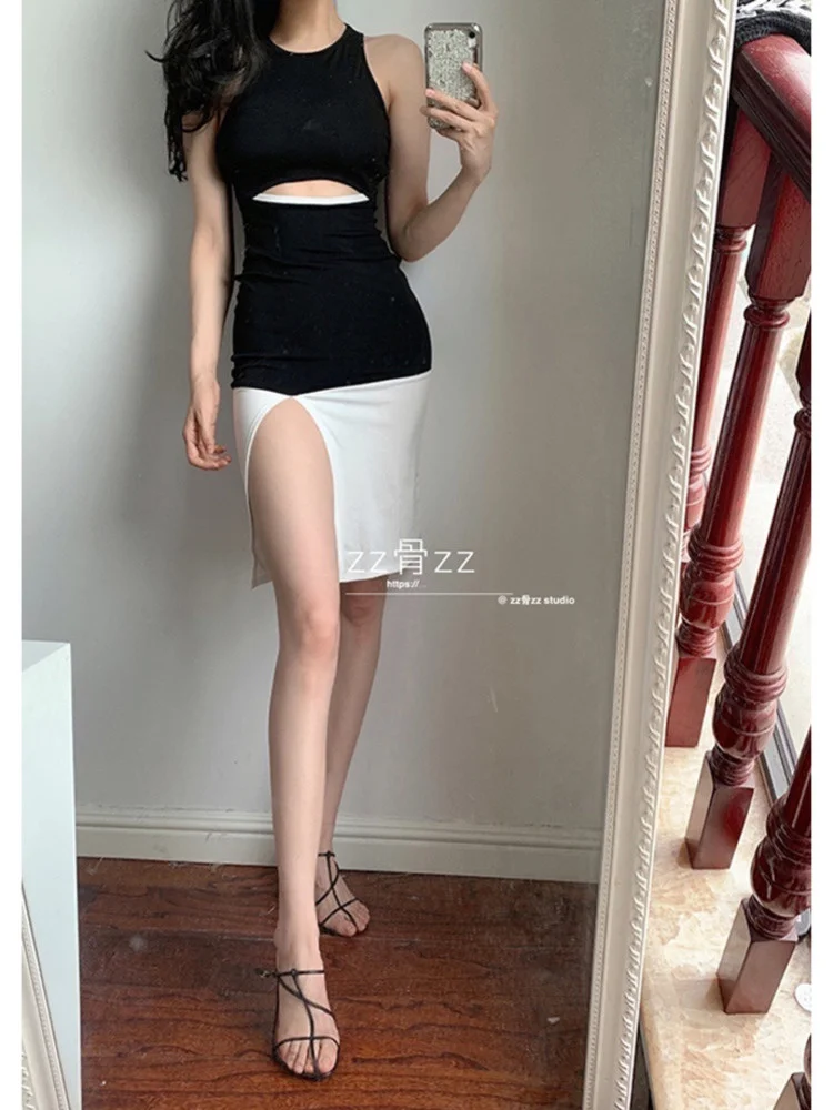 

new Sweet summer round neck open waist split elegant Patchwork hollow out hot sexy korean women robe tank tops 2022 BJC2