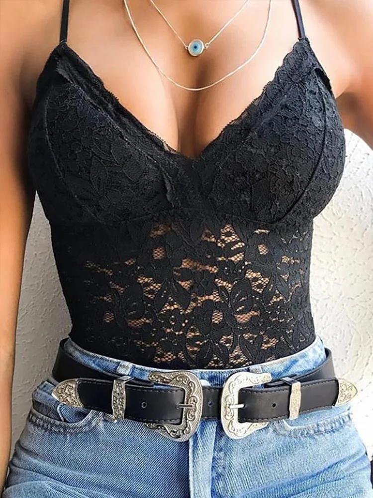 

Summer Women Sexy Black Sleeveless Garment V-neck Spaghetti Strap Going Out Onesie Cochet Lace Cami Top Bodysuit