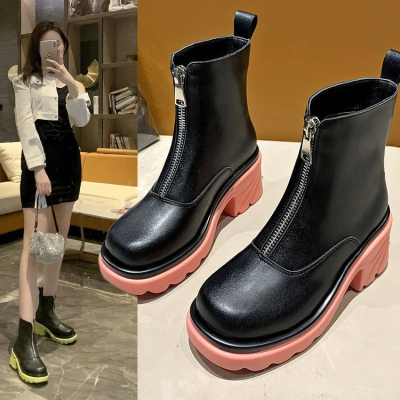 

Women's Boots Autumn New Medium Tube Thick Heel Avocado Green Chelsea Sleeve Smoke
