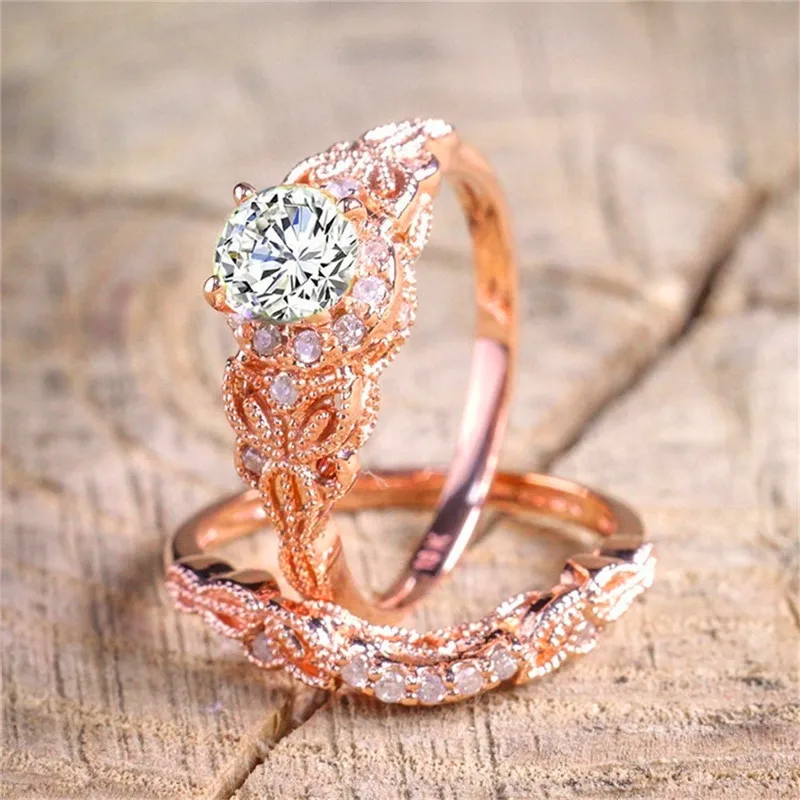 

2 Pieces/Set Ladies Fashion Rose Gold White Zircon Leaf Rings Exquisite Engagement Wedding Anniversary Christmas Gift