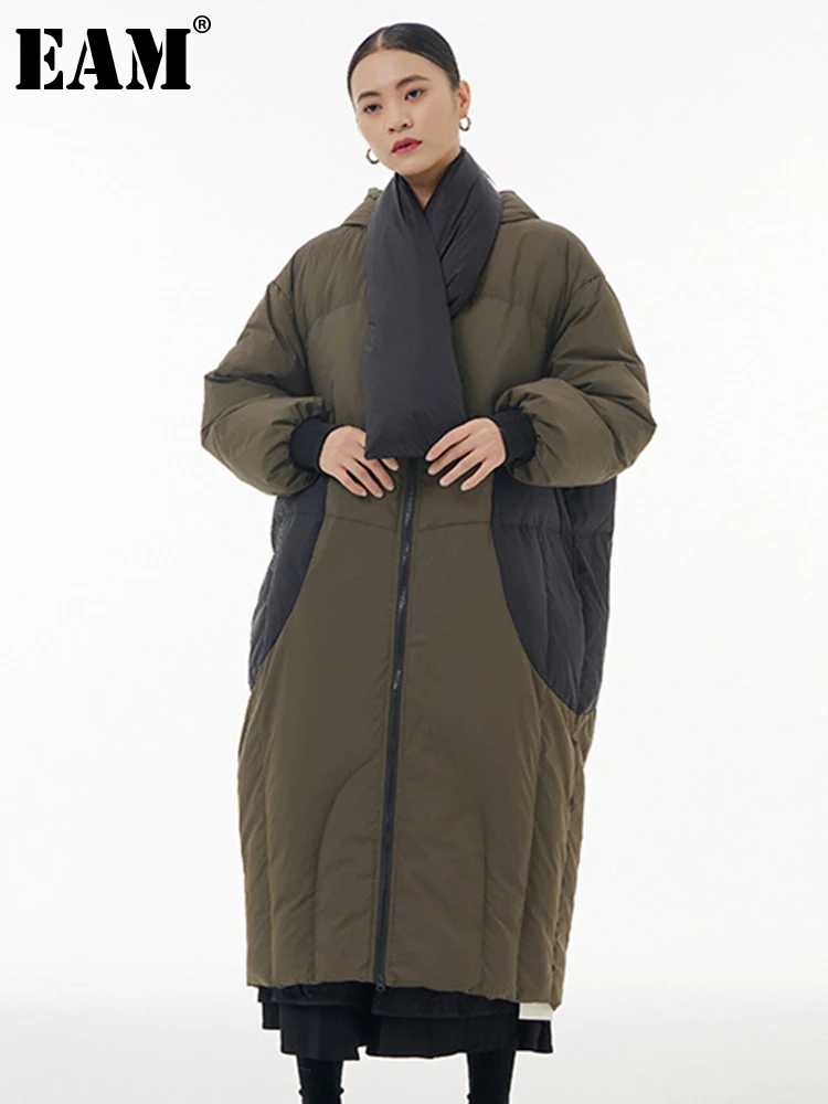 

[EAM] Green Color-block Big Size Loose Down Jacket New Hooded Long Sleeve Warm Women Parkas Fashion Autumn Winter 2023 1DH3223