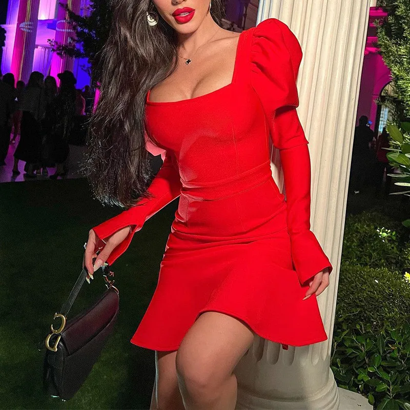 

2022 New Spring Sexy Dress Women Long Puff Sleeve Ruffles Casual France Romance Dresses Women Sweet Style Bodycon Female Vestido