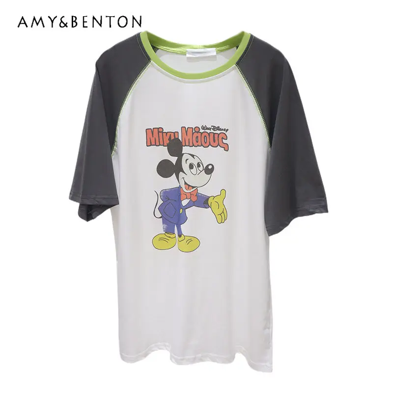 

Raglan Sleeve Cartoon Age-Reducing Cartoon Print 2023 Summer Versatile Breathable Loose Slimming Cotton Short Sleeve T-shirt Tee