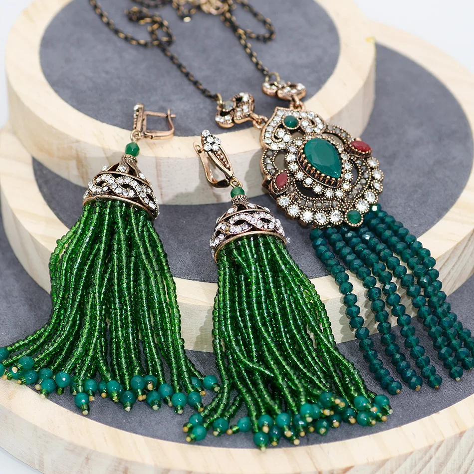 

Neovisson Vintage Big Bead Tassels Earrings Pendant Necklace Natural Stone Indian Ethnic Wedding Jewelry Sets Antique Accessori
