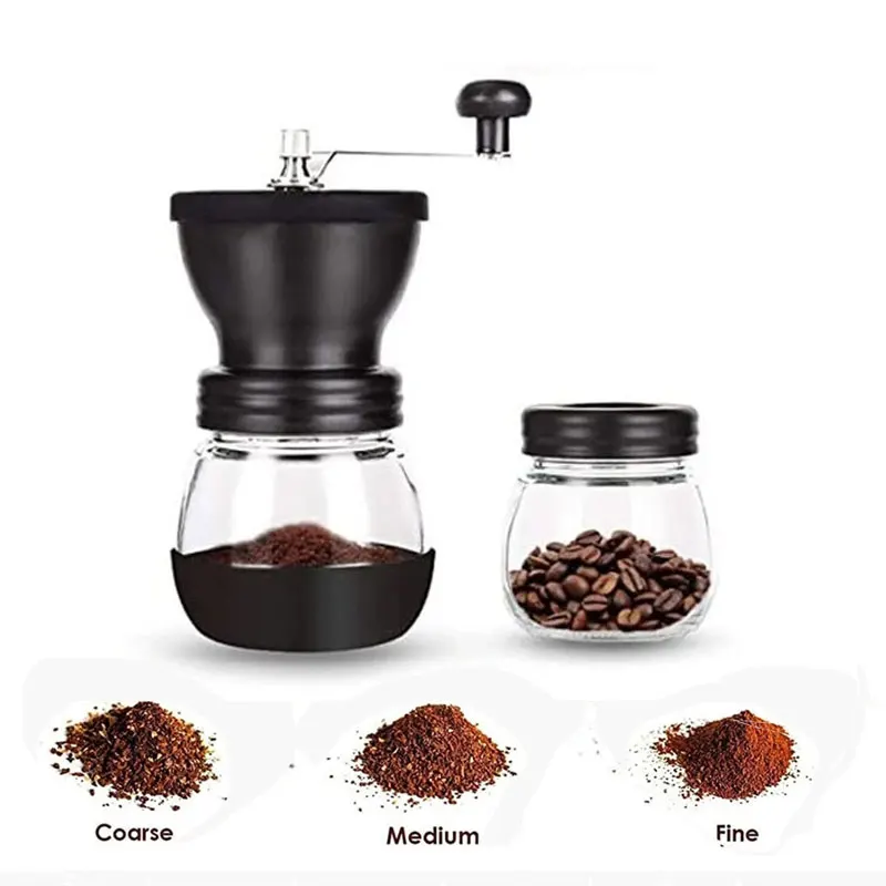 

Hand Coffee Mill Adjustable Portable stainless Steel Coffee Bean Grinders Clear Glass Jars Silicone Cover French Press