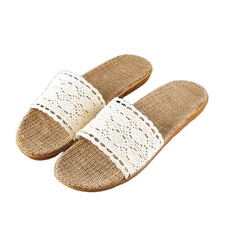 

Fashion Women Linen Slippers 2023 New Summer Lace Belt Indoor Shoes Soft Non-slip Flip Flops Ladies Casual Slides Flax Sandals