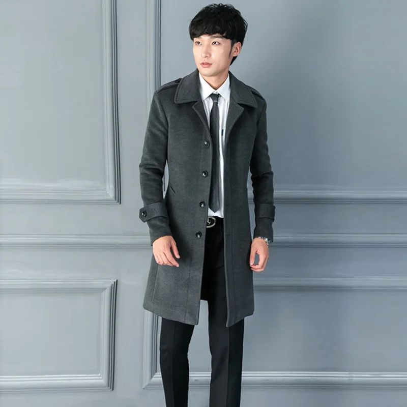 

New Autumn Winter Korean Men'S Woolen Coat Fashion Slim Long Business Casual Lapel Trench Chaquetas Hombre куртка Mont Erkek
