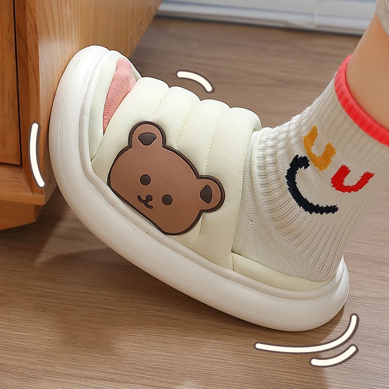 

Winter Warm Waterproof Women Slippers Cartoon Bear Furry Non-Slip Sole Plush Home Cotton Shoes Indoor Outdoor Thick Heel Slides