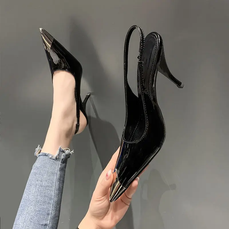 

Casual Designer High Heels For Women Black Leather Metal Point Toe Stiletto Stripper Slingback Prom Evening Pumps