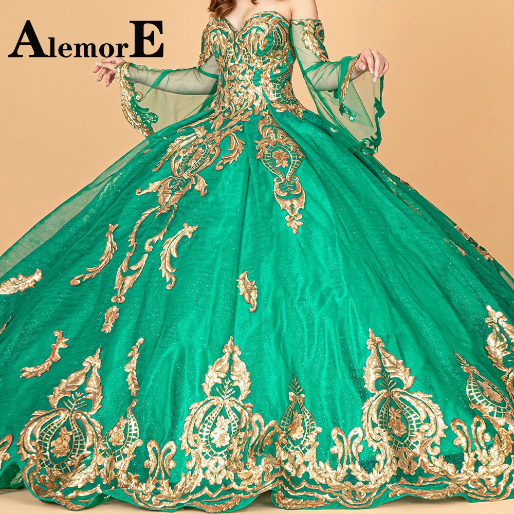 

Alemore Delicate Ball Gown Quinceanera Dresses Sweetheart Appliques Puffy Sleeves Layered Ruched Pleat Vestido De 15 Anos