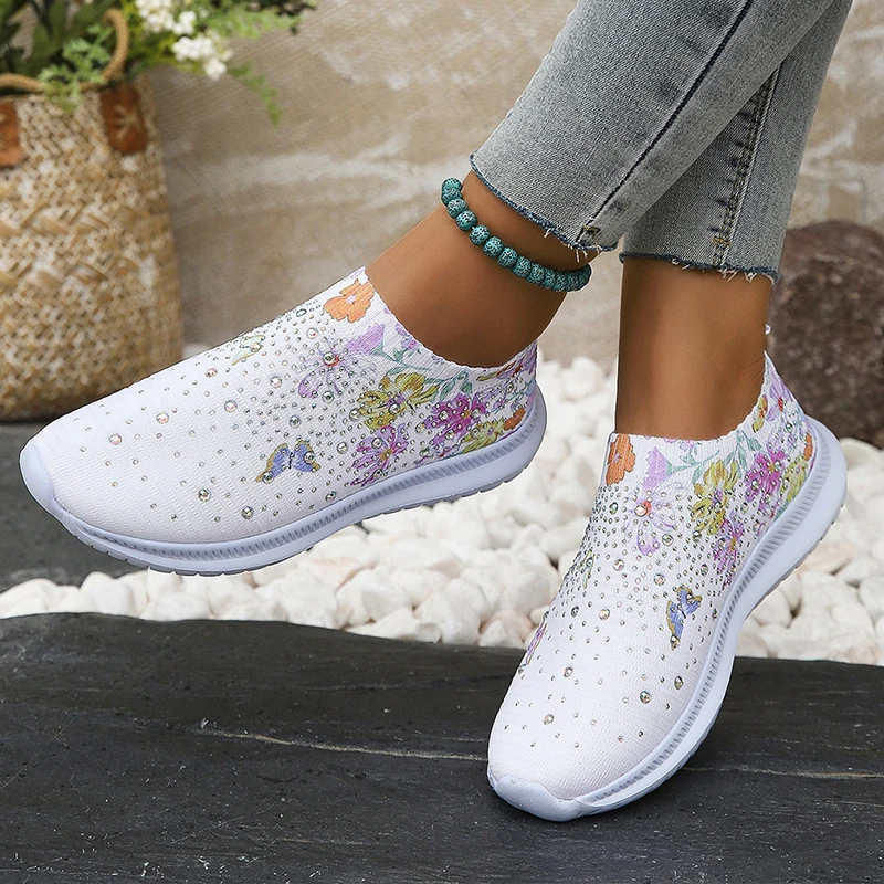 

Mesh Breathable Flower Bling Sport Women Shoes Loafers Walking Running Sneakers 2023 Autumn New Comfortable Work Rome Shoes
