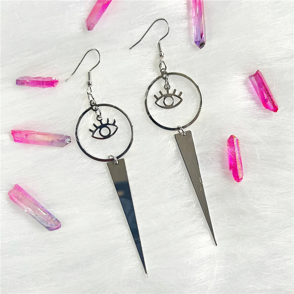 

Evil Eye Earring and Point Dangle Drop Earrings, Lightweight Statement Earrings, Minimalist Geometric Festival Jewelry