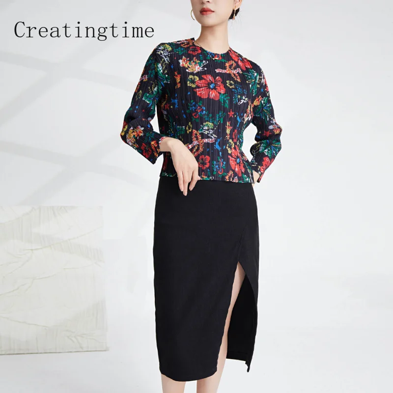 

Vintage Print Pleated Long Sleeve T-shirt for Women 2023 Summer New Round Neck Loose High-end Pullover Fashion Female Tops 1A994