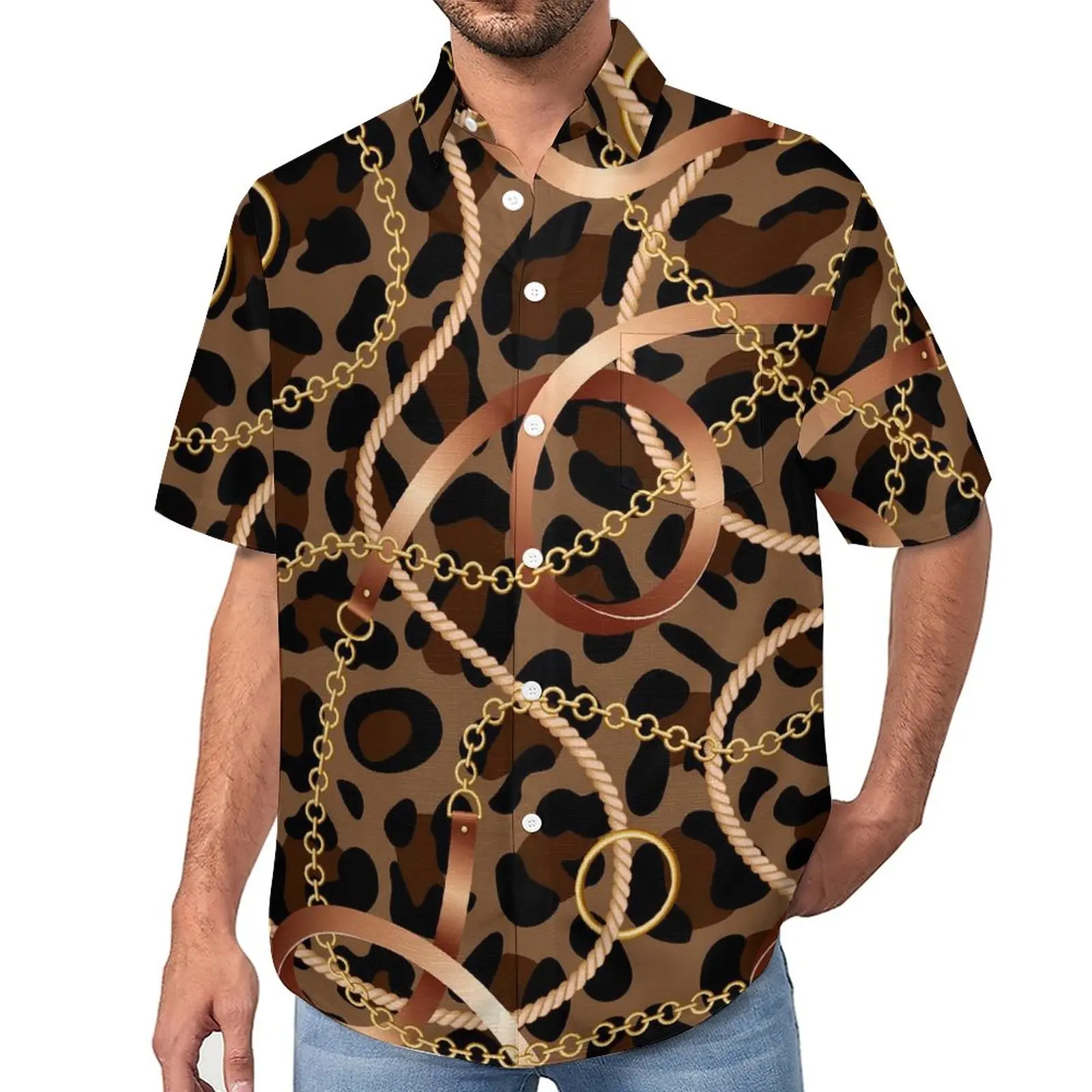 

Gold Chain And Belts Beach Shirt Leopard Cheetah Hawaii Casual Shirts Male Fashion Blouses Short Sleeve Custom Clothes Plus Size