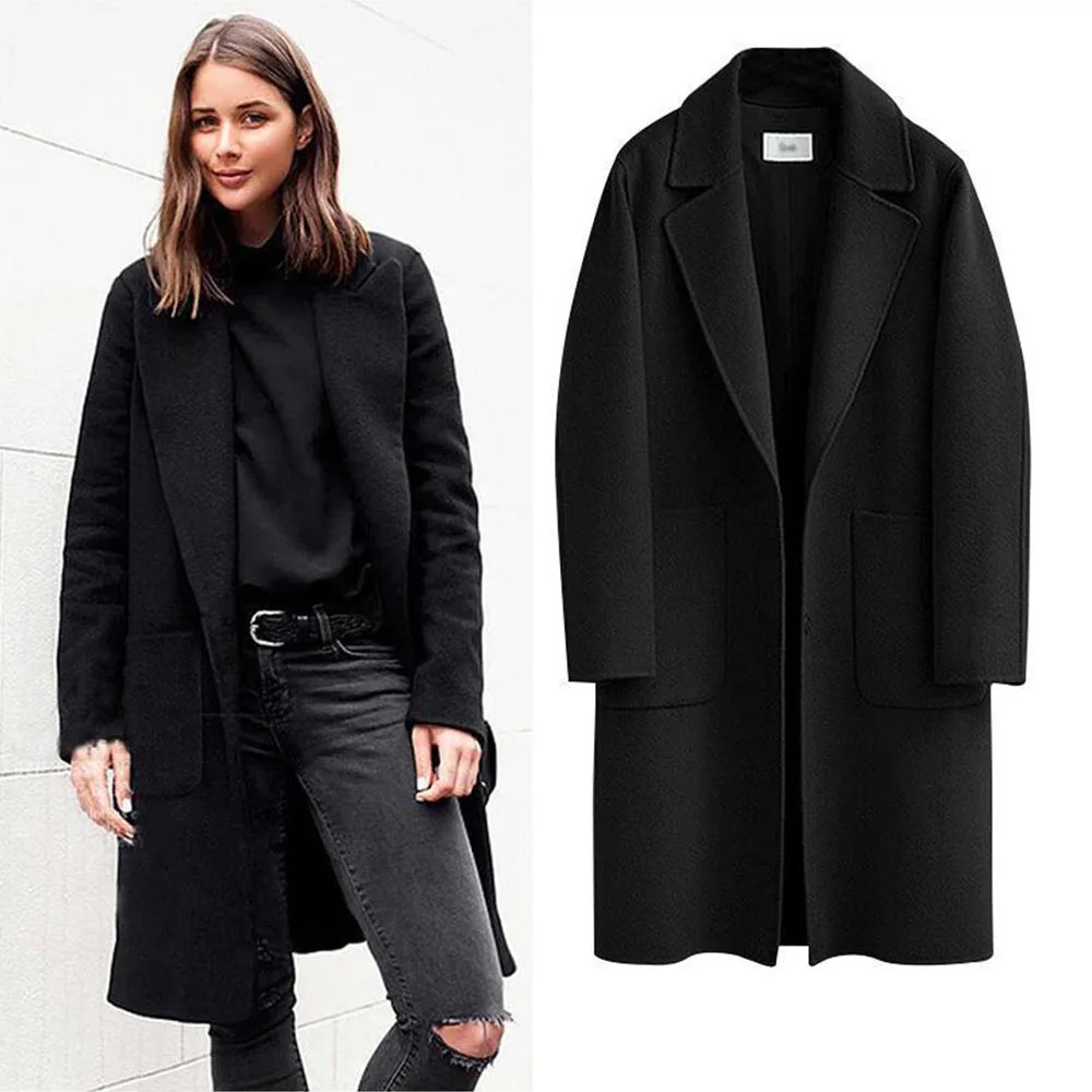 

Women's Winter Felt Pea Coat Single Breasted Lapel Collar Long Jacket M-xl Long Sleeve Long Overcoats With Pockets Loose Fit H9