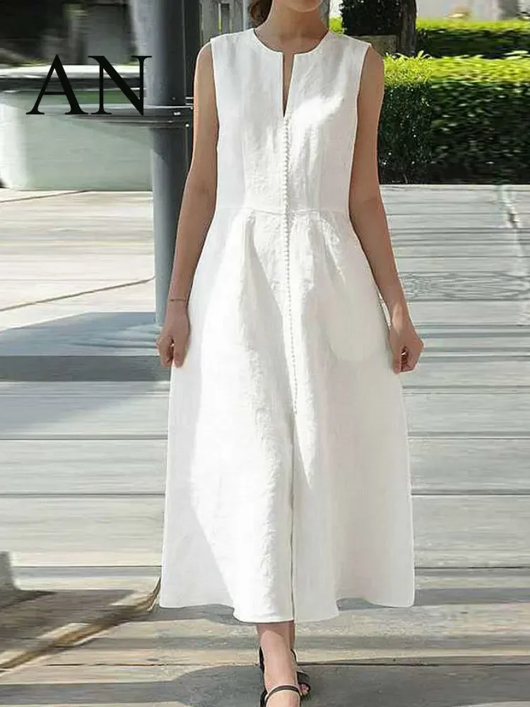 

Dresses for Women 2023 Long Dress Solid Color One Piece Sweet Cotton Linen Temperament Commuter Waist Pulling Dress Summer Dress