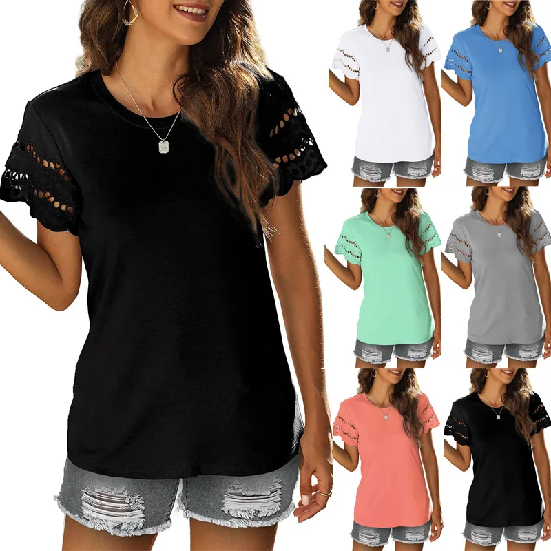 

2022 Women Summer New Lace Stitching Short-sleeved T-shirt Round Neck Top Ladies Solid Color T-shirts