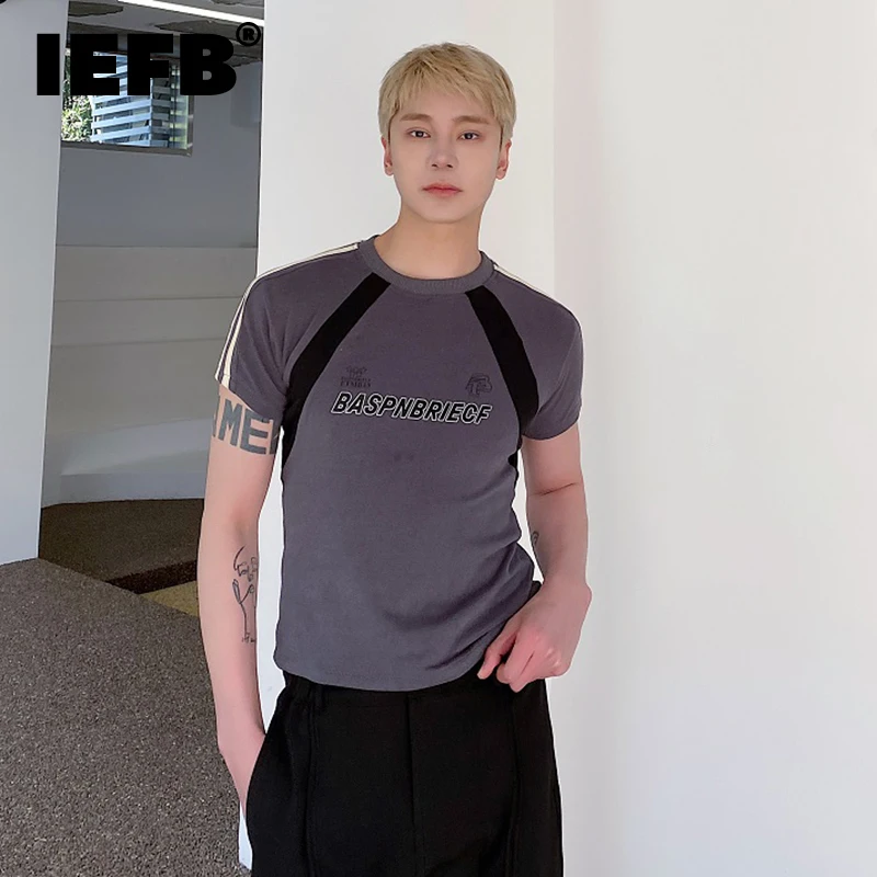 

IEFB Men's Printing Tight T-shirt Summer Tide Contrast Color O-Neck Short Sleeve Small Tee Elastic Letter Male Top Trend 9A7973