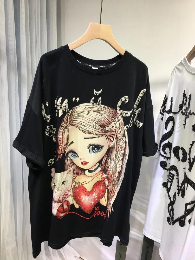 L-4XL Plus Size Rhinestone Ladies with Cat Lovely Black White T-shirts Woman Summer 2022 Fashion Short Sleeve Tops and Blouses