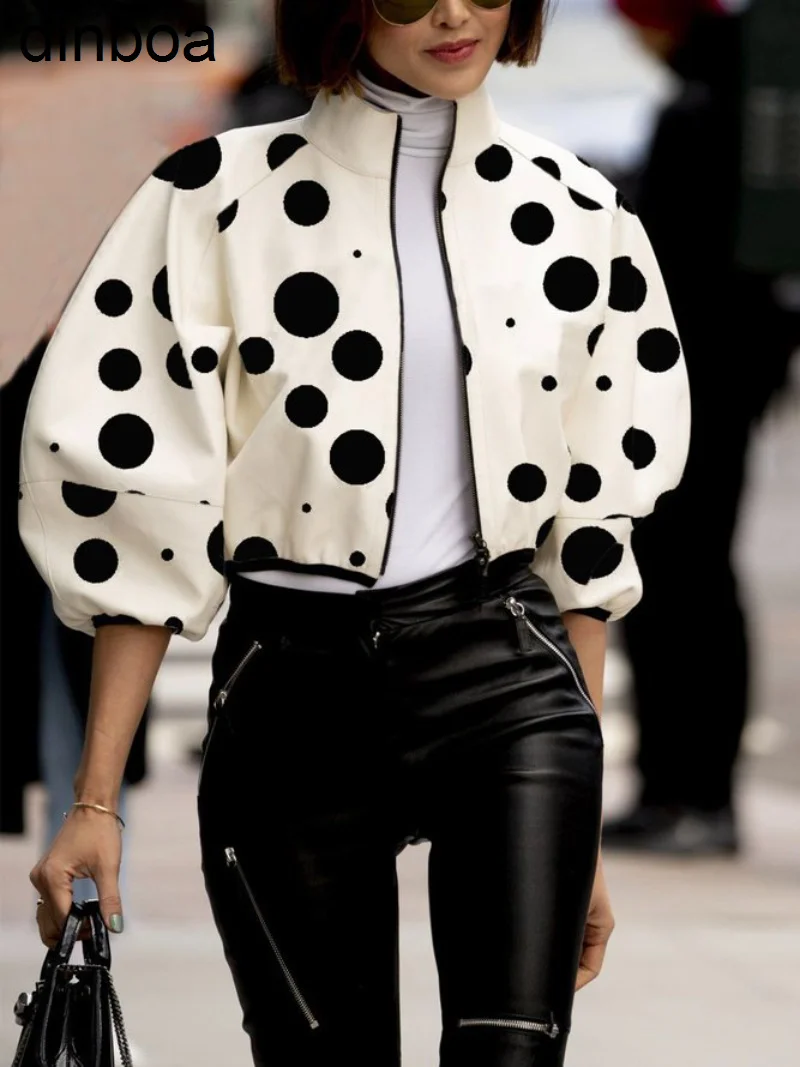 

Dinboa Yeezzi 2023 Korean Fashion Puff Sleeves Polka Dot Stand Collar Jackets Spring Summer Casual Going Out Outwears for Women