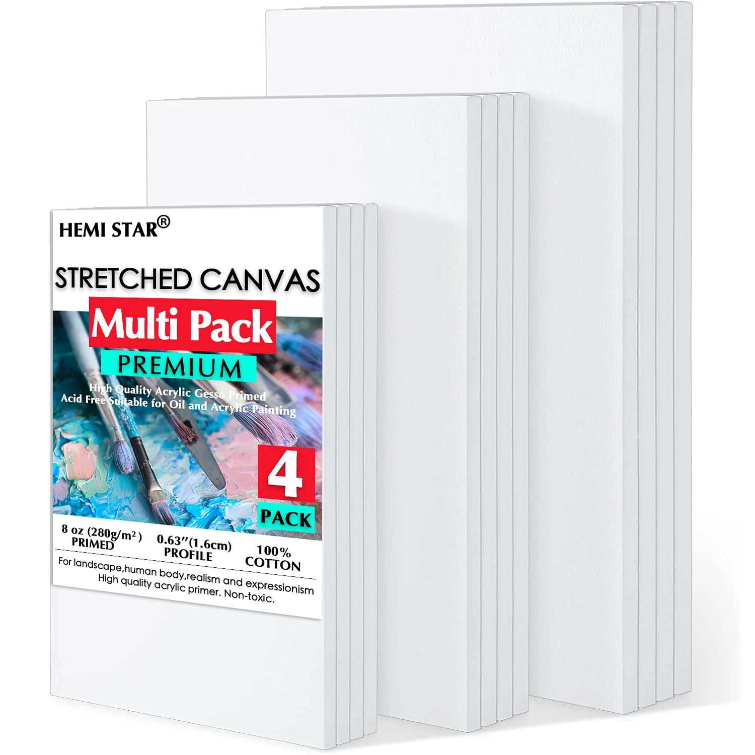 

Pack of 4 Stretched Canvases for Painting Primed White 100% Cotton Artist Blank Canvas Boards for Painting 8 oz Gesso-Primed