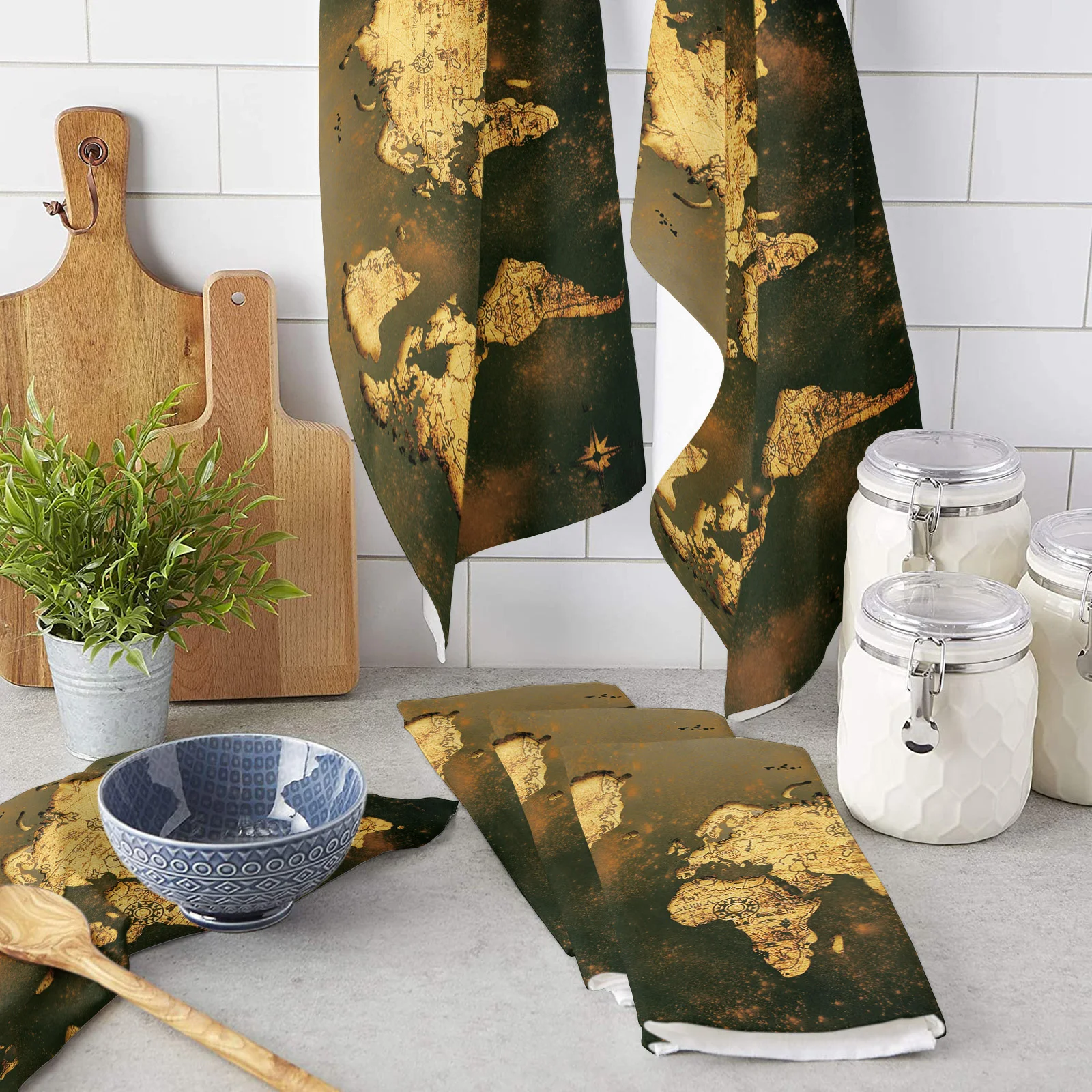 

Набор винтажных кухонных полотенец Wold Map, ткань для очистки, кухонные аксессуары, ткань для мытья посуды, домашний декор
