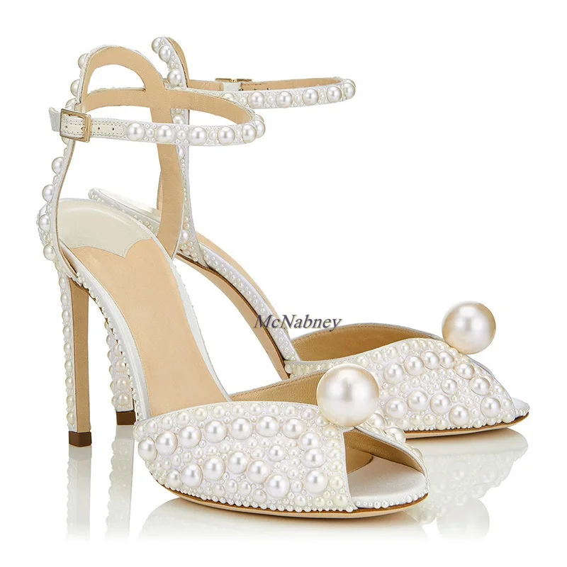 

2022 New Women Sandals White Vintage Pearly-Studded Leather Sandal Peep Toe Stiletto Ankle Strap Smooth Sole Open Toe High Heels