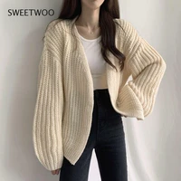 lantern sleeve thick acrylic jumper knitted cardigan 2021 autumn winter new korean solid color sweater coat cardigan women tide