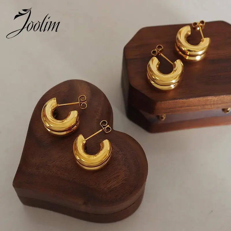 

Non Tarnish & Waterproof Retro Smooth Hollow Thick Double C Half Circle Earrings Western Stainless Steel Jewelry Wholesale