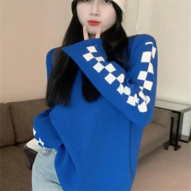 

New 2022 Pitted Checkerboard Long-Sleeve Sweater For Women's Spring Autumn Long Loose Jjumper Sweater Top