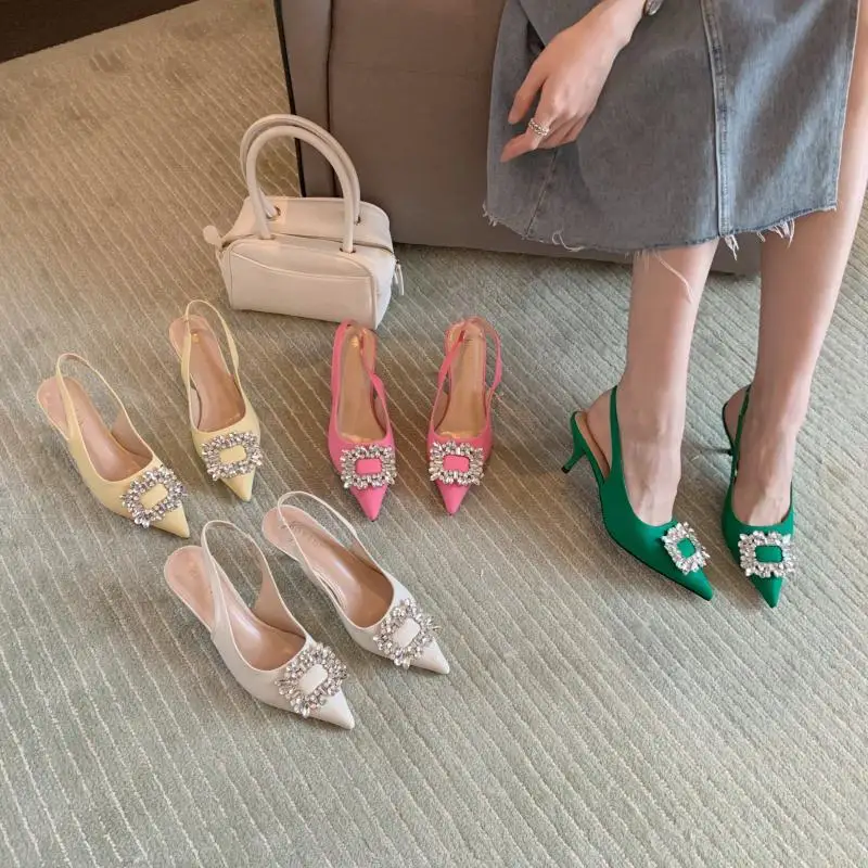 

Rhinestone Medium Heel Sandals Women's 2022 New Fashion Baotou Thin Heel Pointed Square Button Cat Heel Empty Spring and Summer