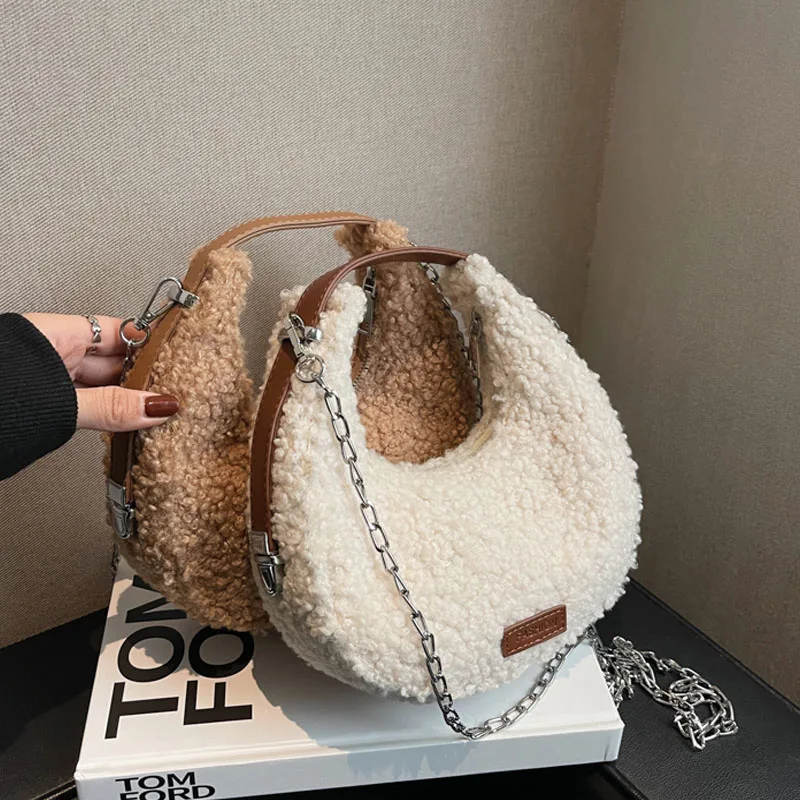 

Winter Plush Crossbody Bags for Women Female New 2022 Trend Winter Fashion Chain Saddle Bag Female Travel Handbags Totes