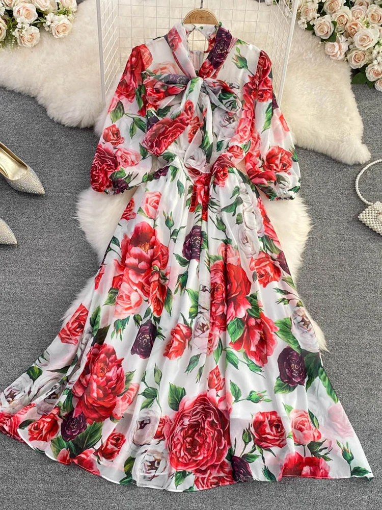 

FMFSSOM Summer New Women Bow Tie Lace Up High Waist Printed A-Line Chiffon Dress Fashion Casual Elegant Short Sleeved Dresses