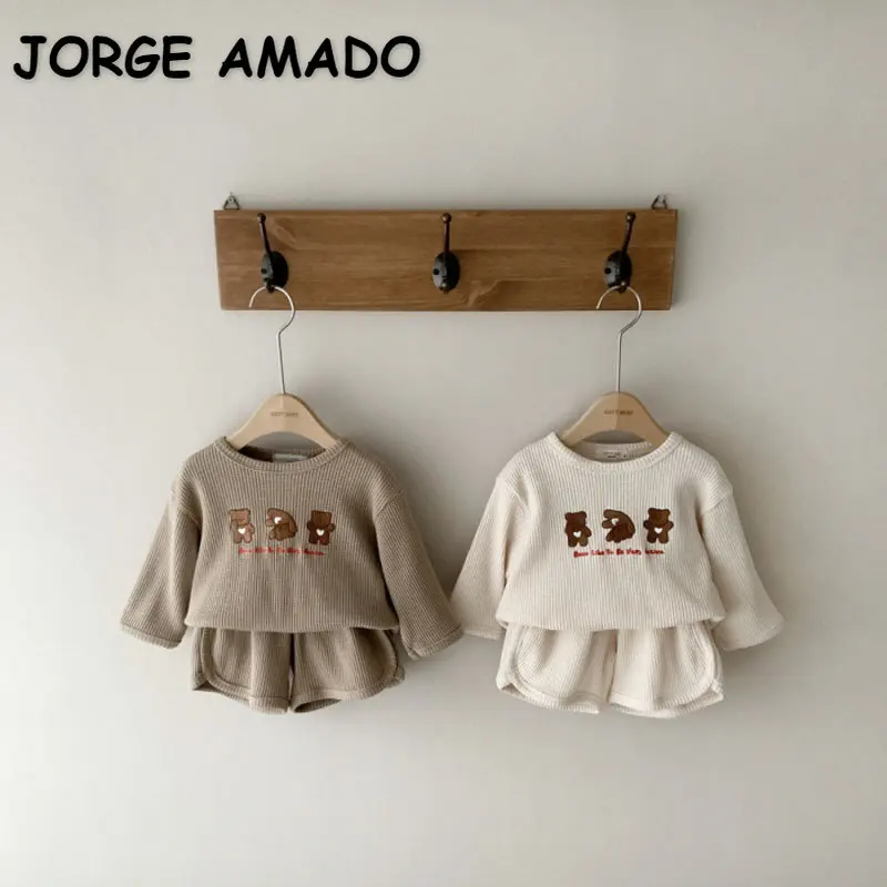 

Korean Style New Spring Autumn Baby Girl Boy Sets Long Sleeves Beige Brown T-shirt+Waffle Shorts Kid Clothing E48888