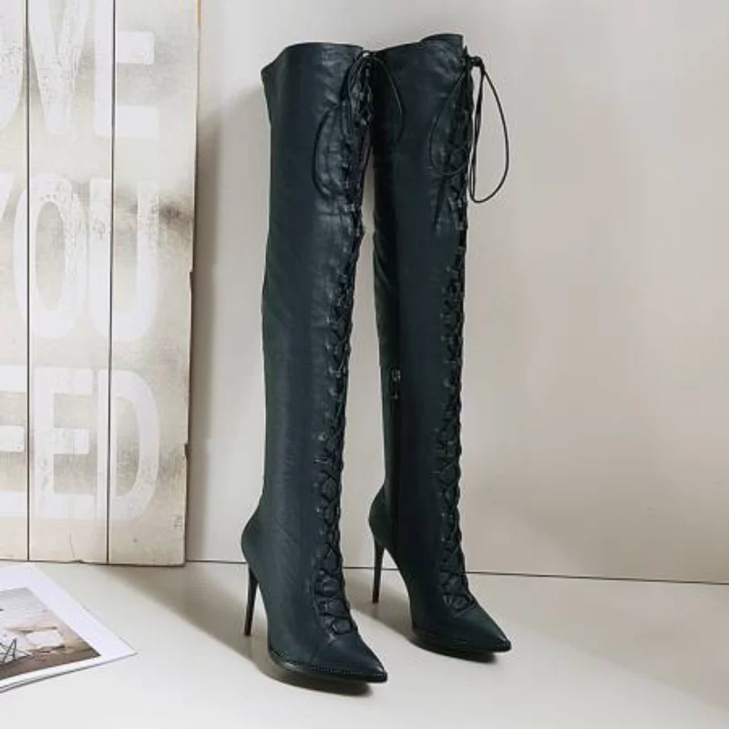 2023 Europe and America Plus Size Autumn and Winter High-heeled Stiletto Knee Boots Sexy Pointed Cowhide Fashion Women Boots