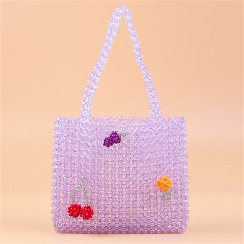 

2022 Summer New Hollow Out Purple Handbag Transparent Beaded Woven Tote Clear Crystal Handmade Pearl Bag Seaside Beach Bag