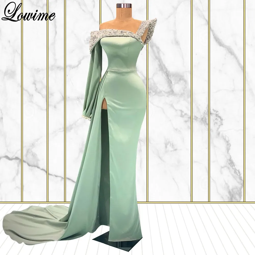 

Light Green Mermaid Prom Dresses One Shoulder Crystals Evening Gowns Vestidos De Fiesta Wedding Party Dresses For Women Custom