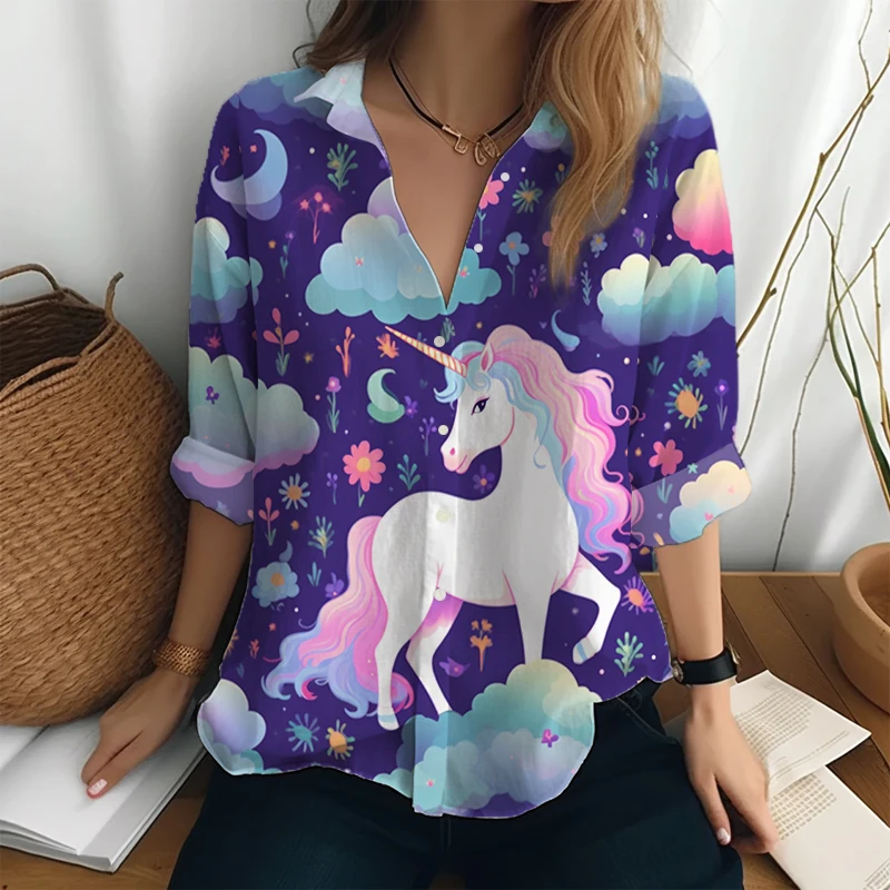 

Женская рубашка с длинным рукавом, Повседневная Уличная рубашка на пуговицах с лацканами и 3D-принтом единорога, весна-осень
