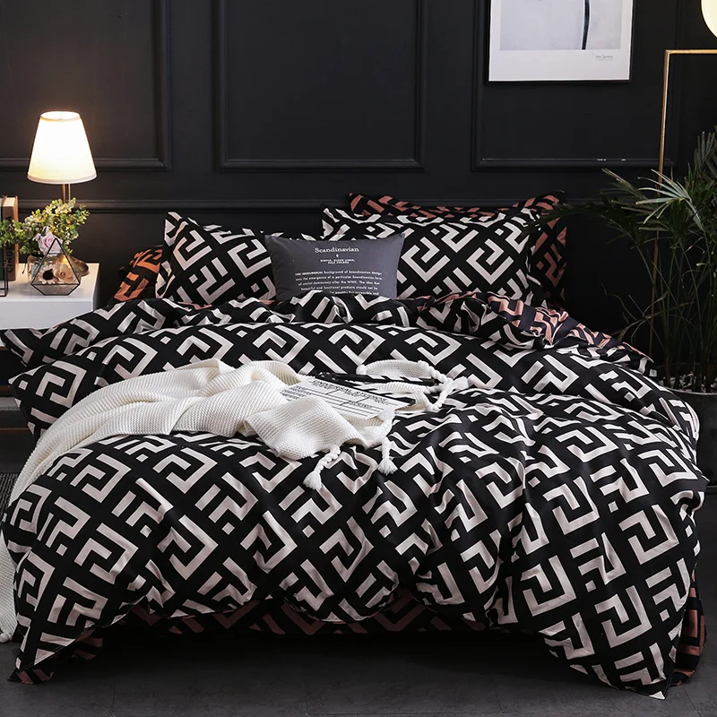 

Luxury Black Bedding Set Queen King SIngle Full Size Polyester Bed Linen Duvet Cover Set Modern Bird Plaid Anime With Pillowcase