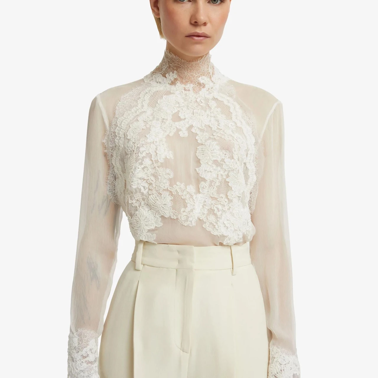 

Lace Pachwork Crinkle Silk Blouse Women 2023 High Quality Spring Summer See Through Hook Flower Hollow Embroidery Tops