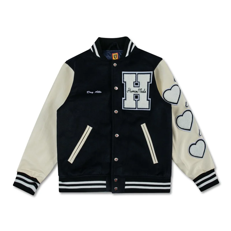 

Retro 23SS Human Made leathers Long sleeve Big H letter heart-shaped Embroidery baseball clothing jackets