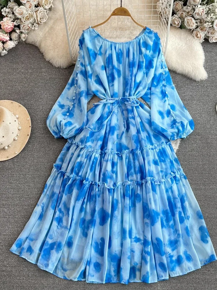 Милое желтое/синее/розово-красное платье миди с принтом в виде завязки