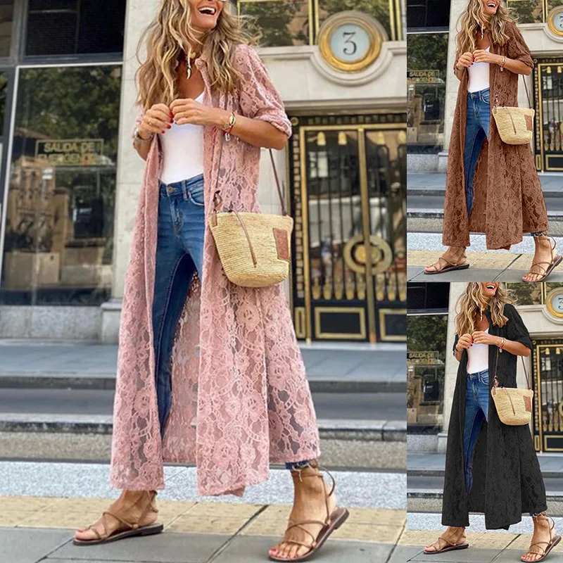 

2022 New Spring and Autumn Lace Mesh Thin Long Sleeve Casual Long Shirt Coat