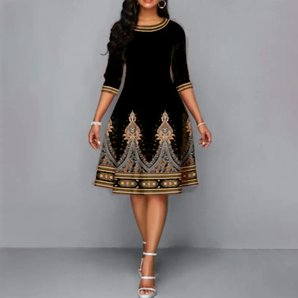 

Charming Anti-fade High-Waist Spring Autumn Elegant Retro Pattern Party Dress Streetwear Vacation Dress Vacation Dress